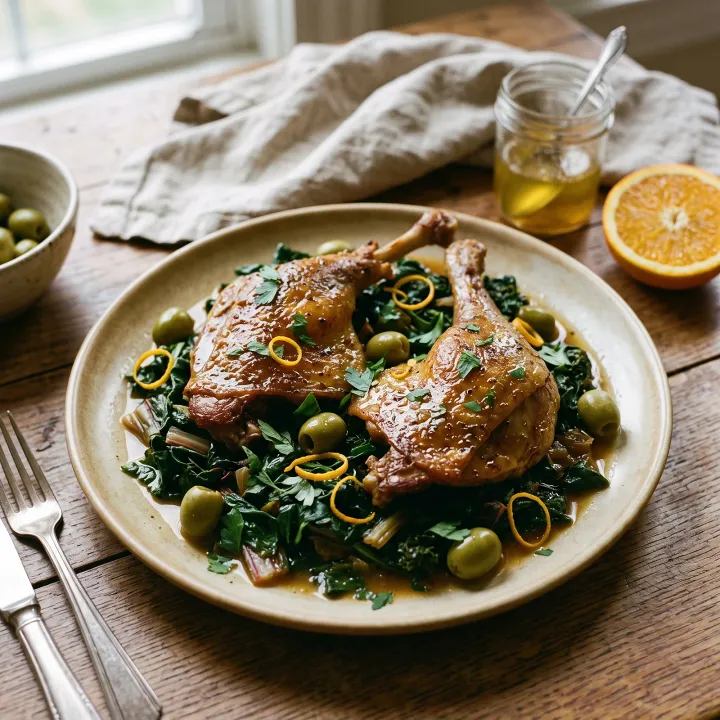 Slow-Cooked Duck Legs with Orange, Olives, and Wilted Greens