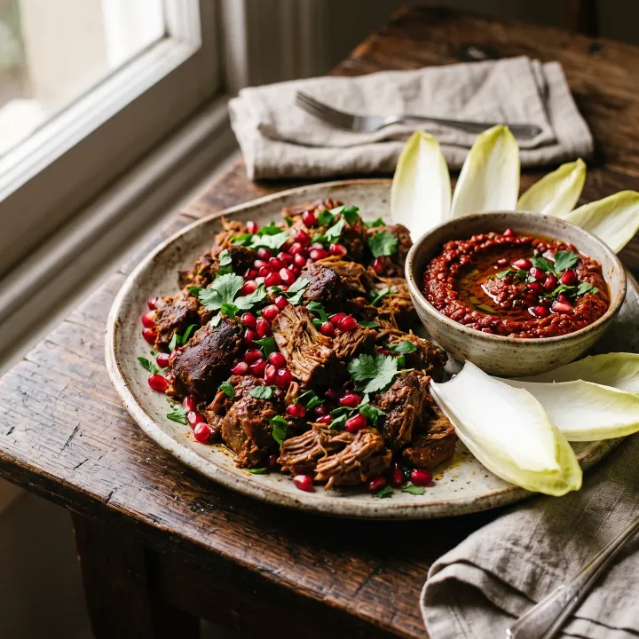Slow Cooker Moroccan Spiced Goat Bites with Pomegranate Harissa Dip