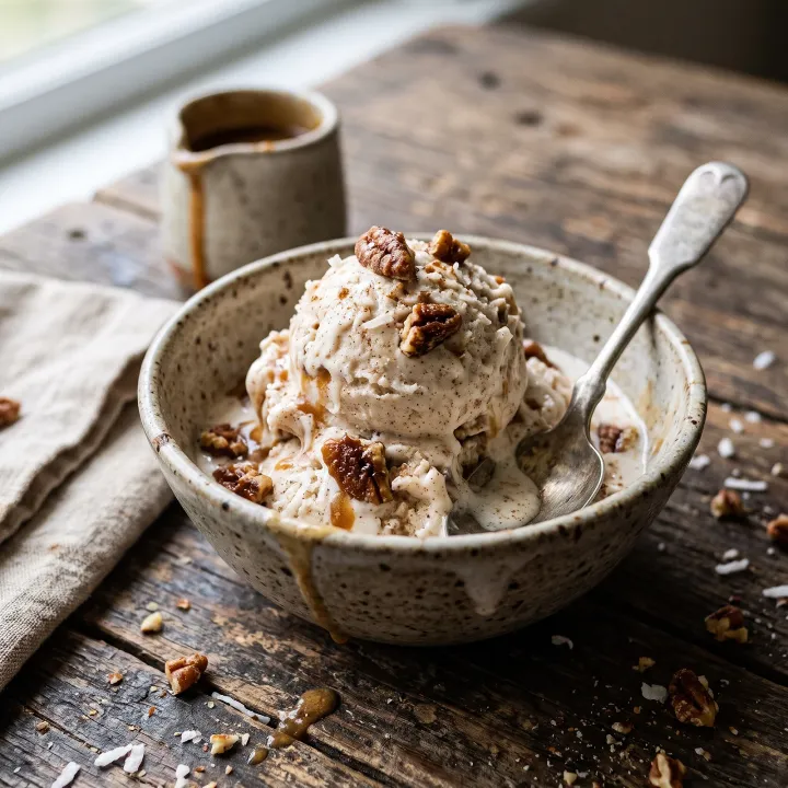 Cajun Spiced Coconut Milk Ice Cream with Praline Pecans