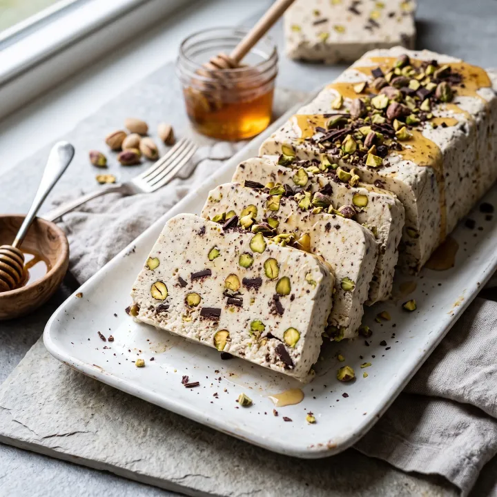 Paleo Frozen Nougat Terrine with Honey, Pistachios, and Dark Chocolate