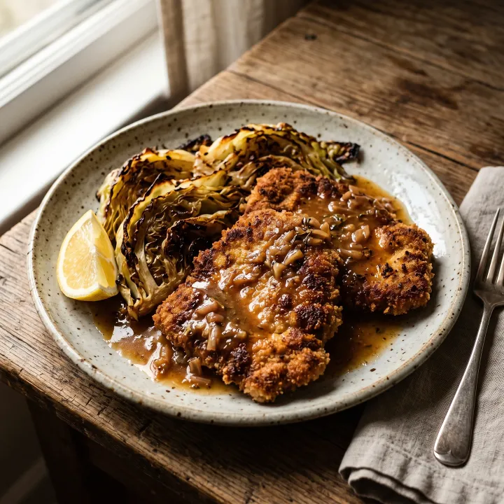 German Pork Schnitzel with Roasted Cabbage and Apple Cider Pan Sauce