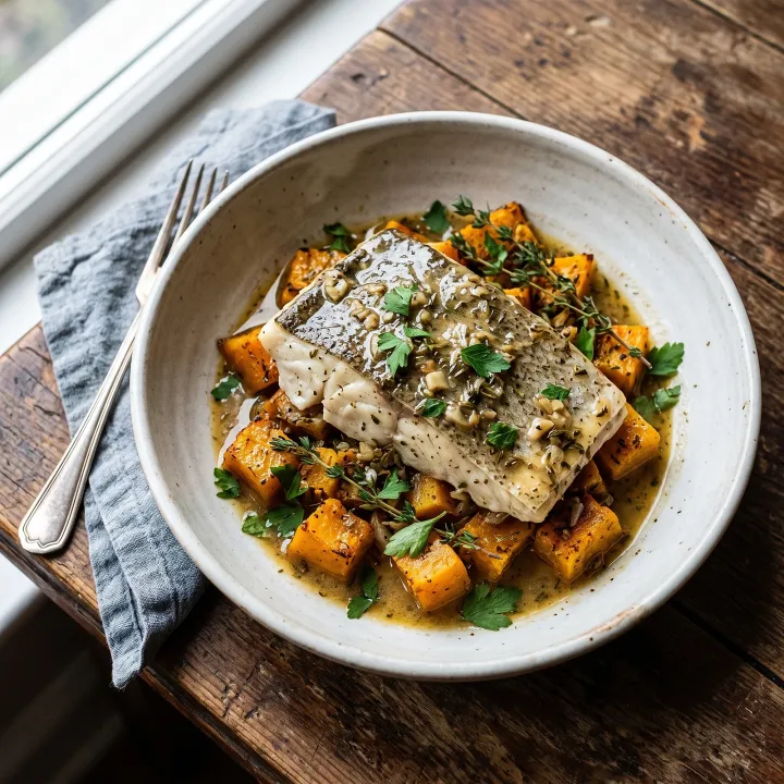 Provençal Braised Cod on Roasted Butternut Squash with Herbes de Provence and Garlic