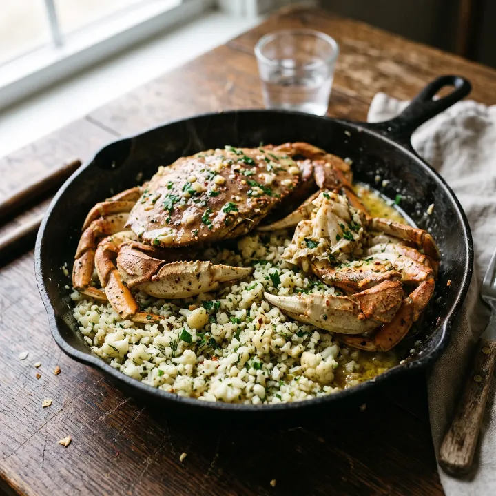 Garlic Butter Skillet Crab with Herb Cauliflower Rice