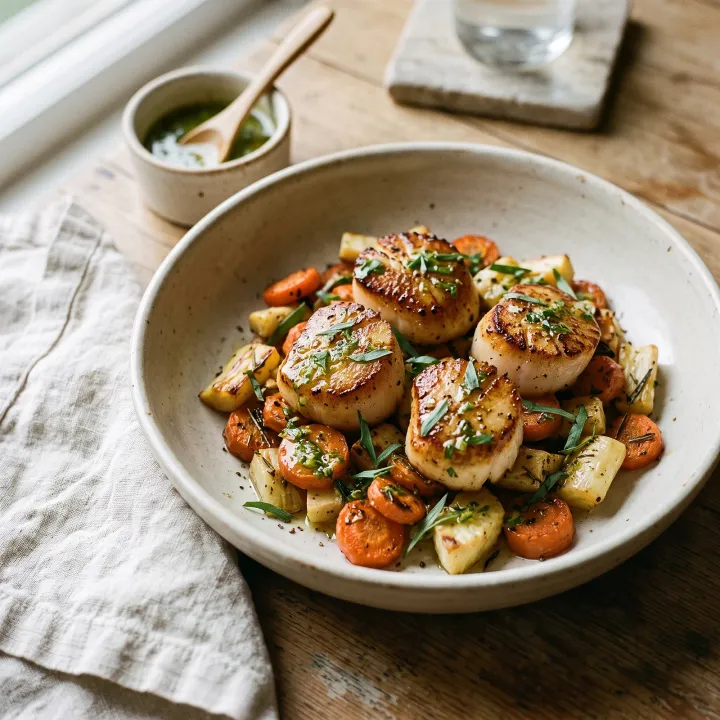 Grilled Scallop Bowl with Roasted Carrots, Parsnips, and Tarragon Citrus Drizzle