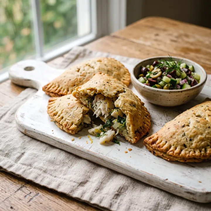 Lemon-Herb White Fish Hand Pies in a Cassava Crust with Olive and Cucumber Relish