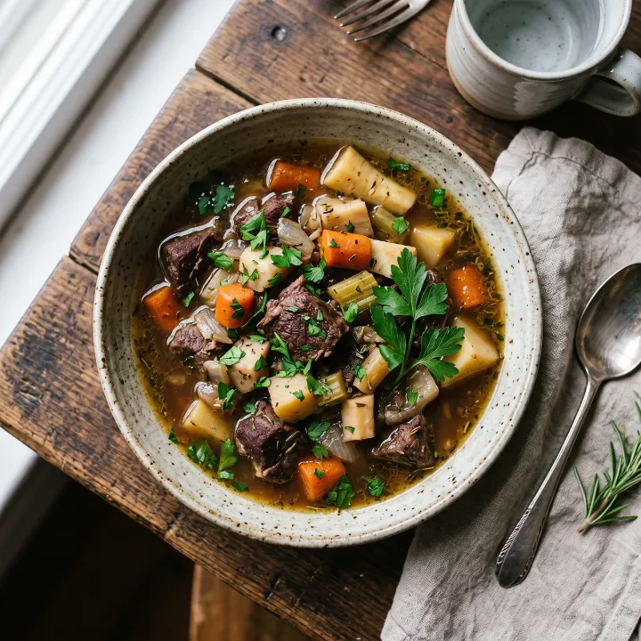 Slow Cooker Elk Stew with Root Vegetables and Herb Broth