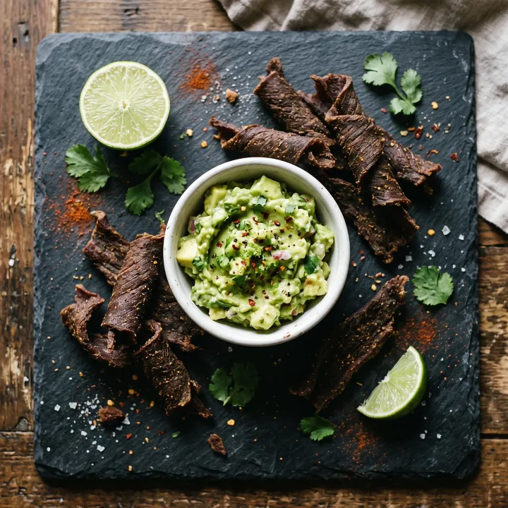 Elk Carne Seca Bites with Avocado Lime Dip